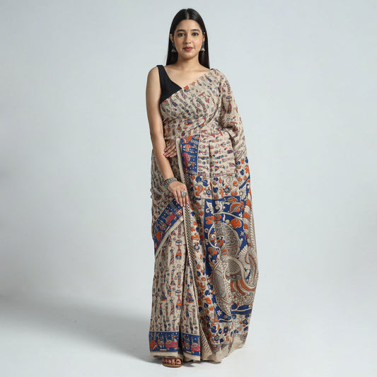 Beige - Kalamkari Printed Cotton Saree with Blouse Piece 03