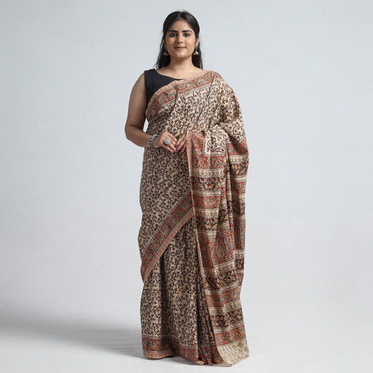 Maroon - Pedana Kalamkari Block Printed Cotton Saree