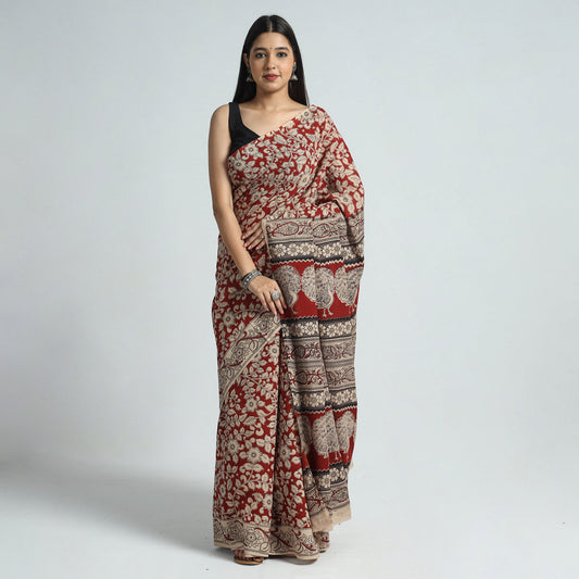 Red - Kalamkari Printed Cotton Saree with Blouse Piece 05