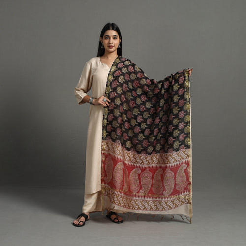 Black - Chanderi Silk Print Kalamkari Dupatta 14