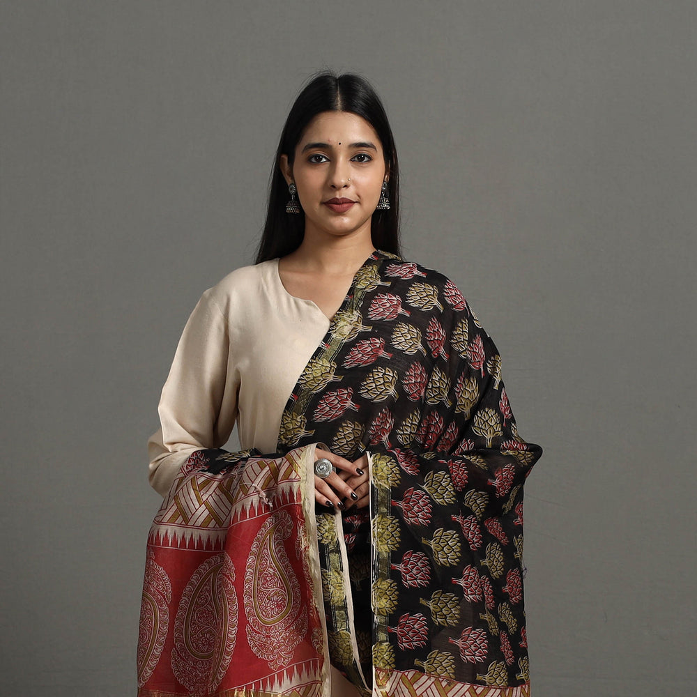 Black - Chanderi Silk Print Kalamkari Dupatta 14