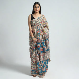 Beige - Kalamkari Printed Cotton Saree with Blouse Piece 06