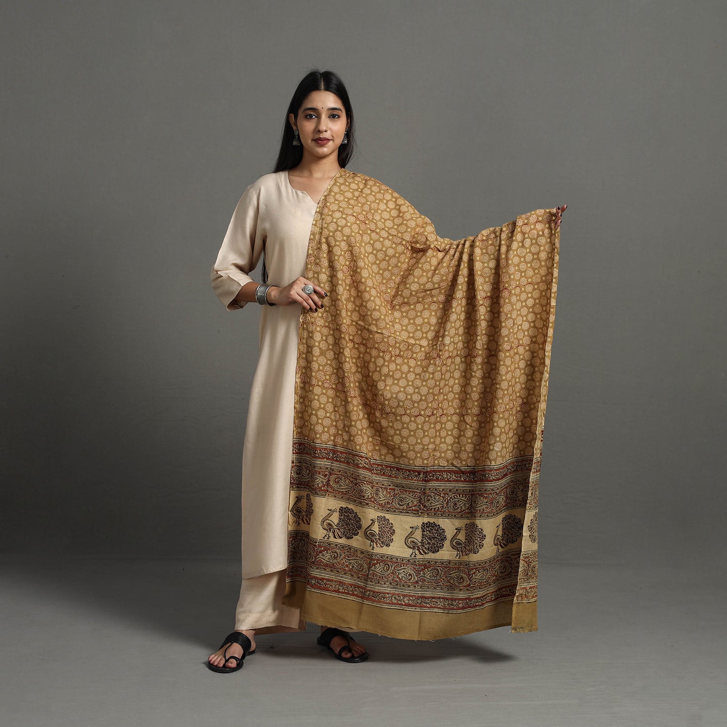 Brown - Pedana Block Print Cotton Kalamkari Dupatta 21