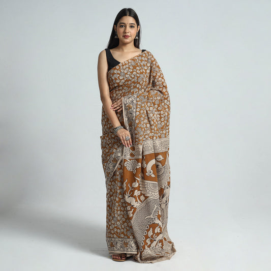 Brown - Kalamkari Printed Cotton Saree with Blouse Piece 08