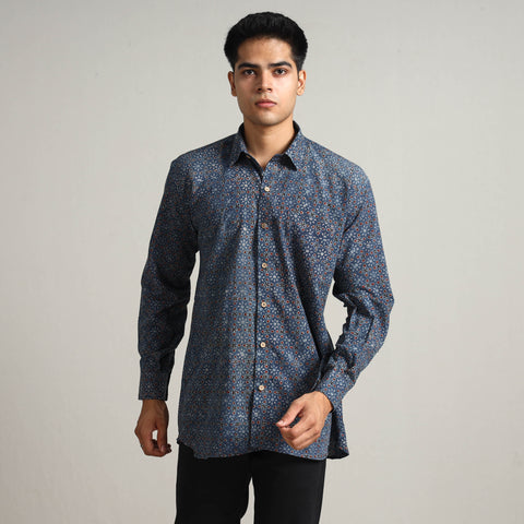 Blue - Ajrakh Block Printed Cotton Men Full Sleeve Shirt 13