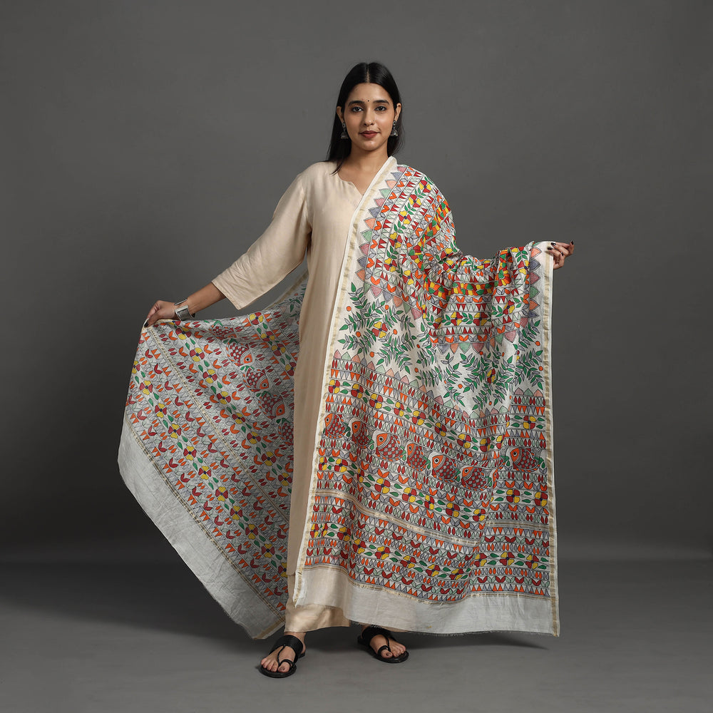 Multicolor - Handloom Chanderi Silk Handpainted Madhubani Dupatta 01