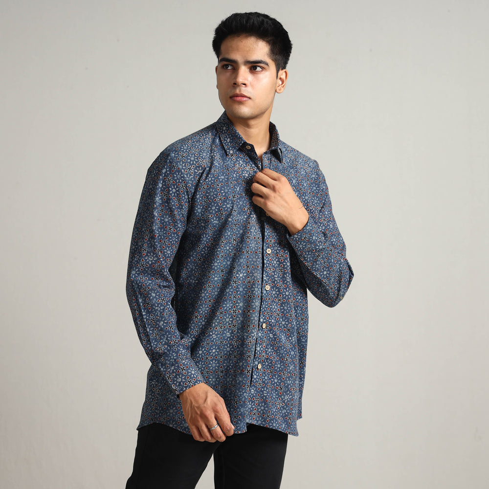 Blue - Ajrakh Block Printed Cotton Men Full Sleeve Shirt 13