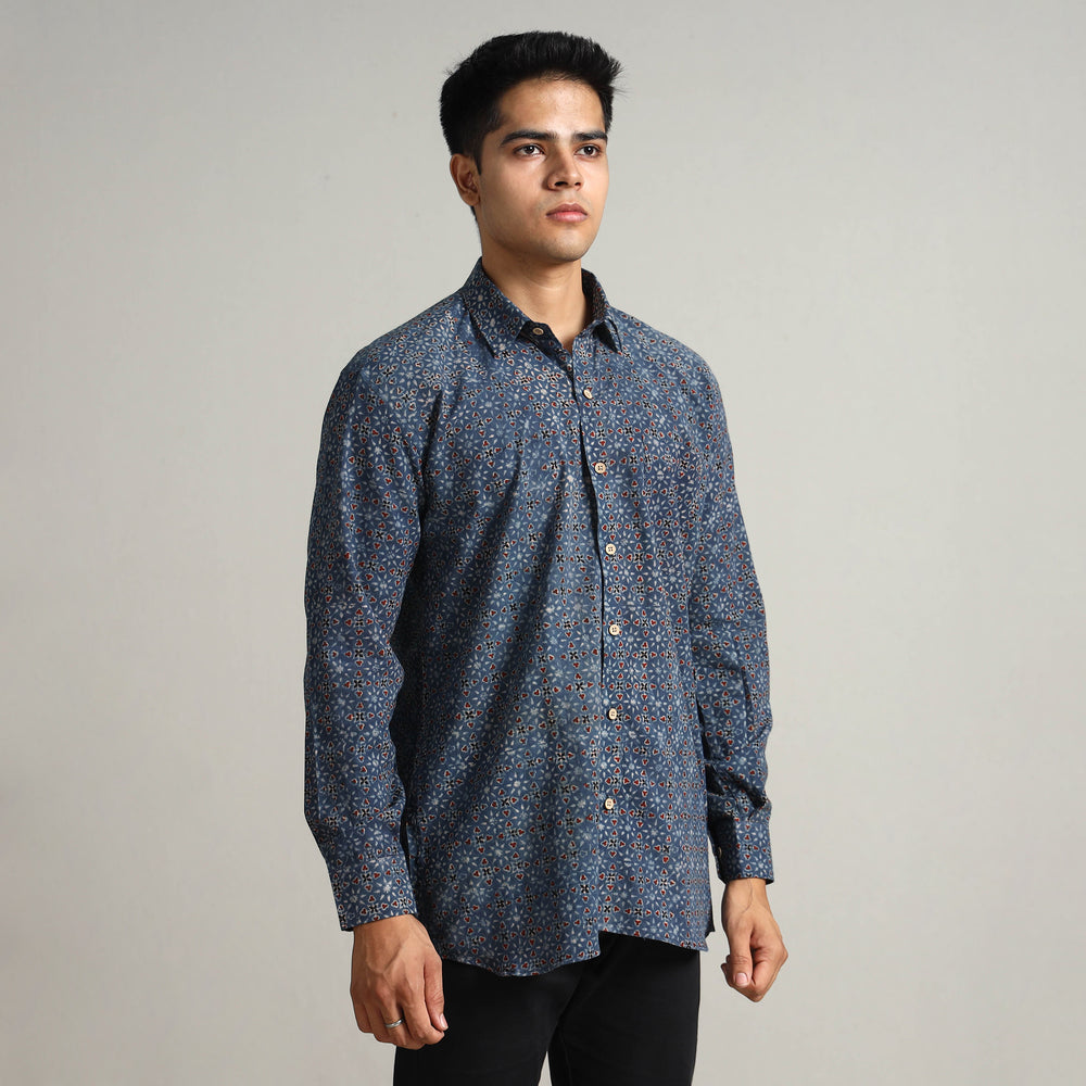 Blue - Ajrakh Block Printed Cotton Men Full Sleeve Shirt 13