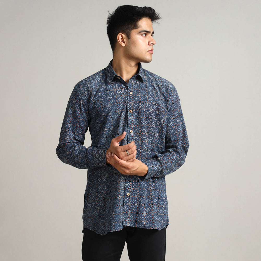 Blue - Ajrakh Block Printed Cotton Men Full Sleeve Shirt 13