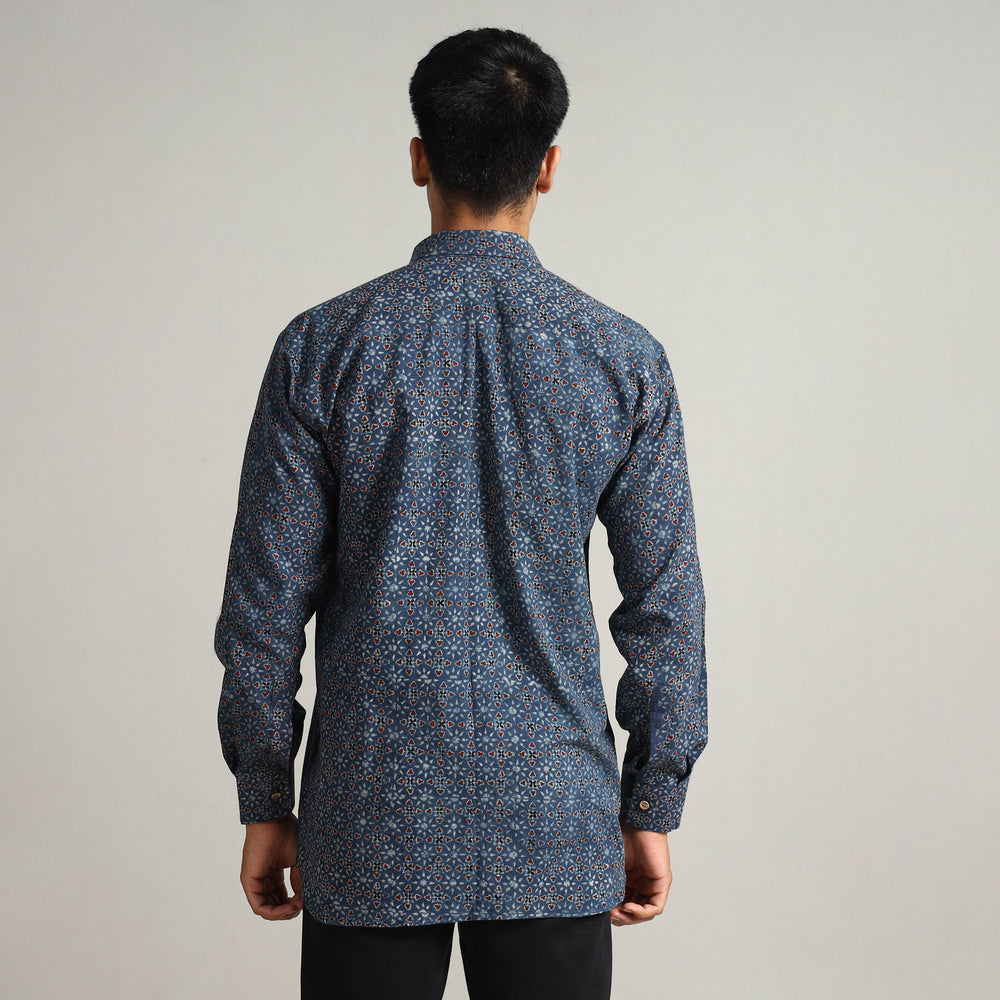 Blue - Ajrakh Block Printed Cotton Men Full Sleeve Shirt 13