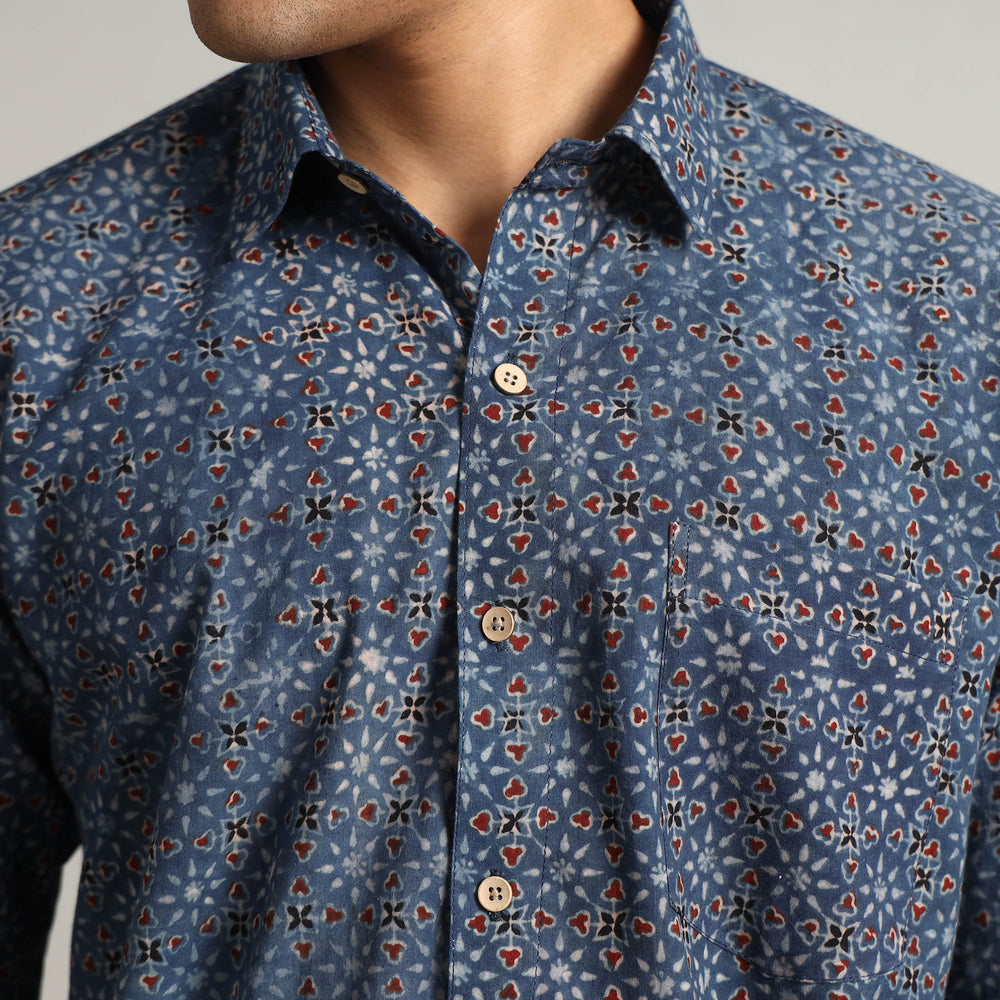 Blue - Ajrakh Block Printed Cotton Men Full Sleeve Shirt 13