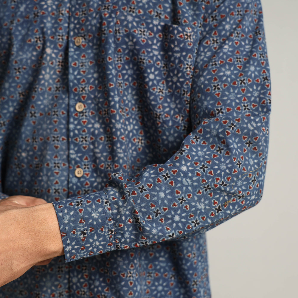 Blue - Ajrakh Block Printed Cotton Men Full Sleeve Shirt 13