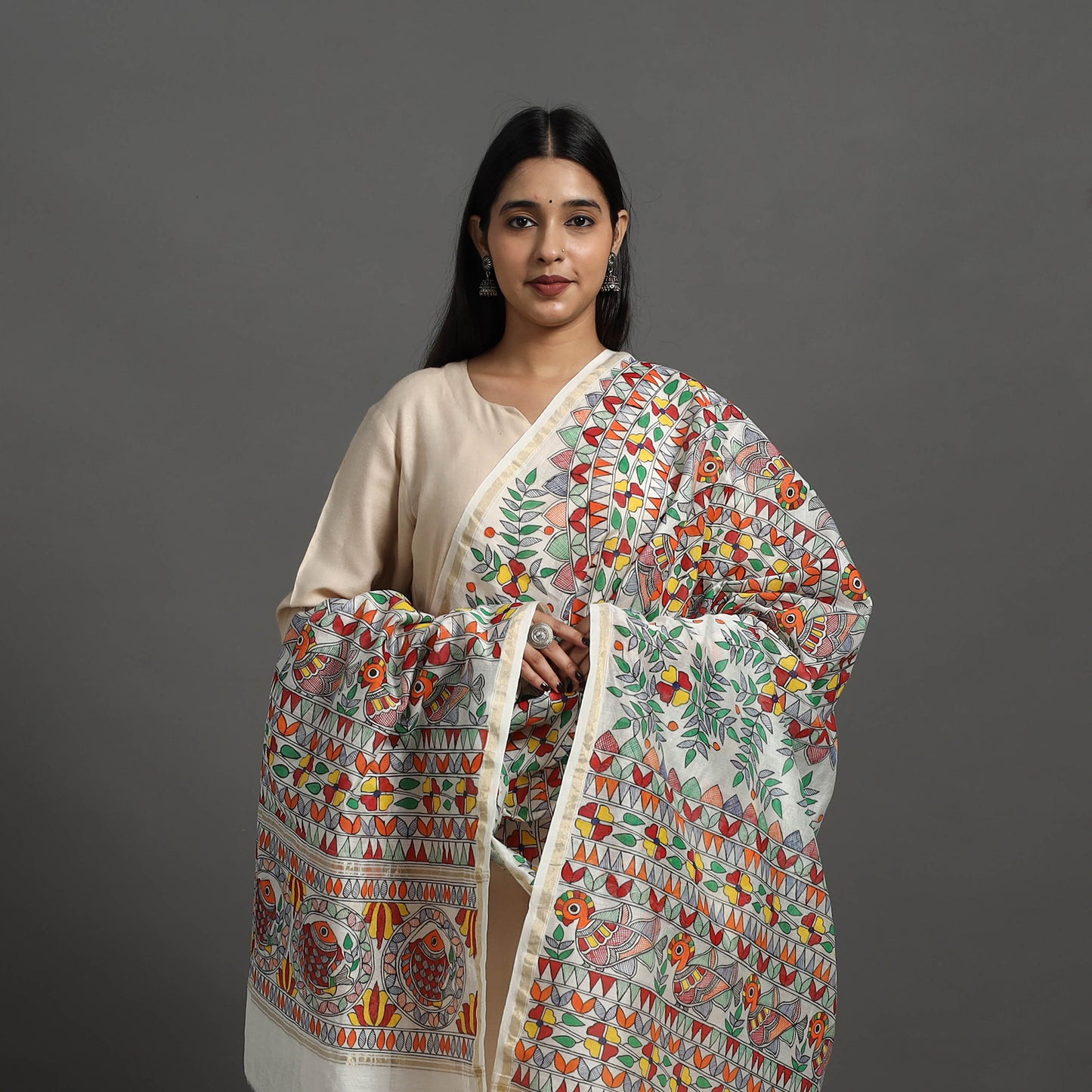 Multicolor - Handloom Chanderi Silk Handpainted Madhubani Dupatta 03