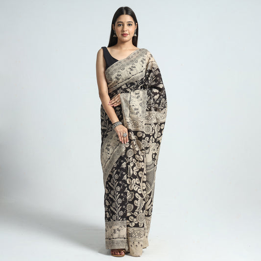 Black - Kalamkari Printed Cotton Saree with Blouse Piece 11