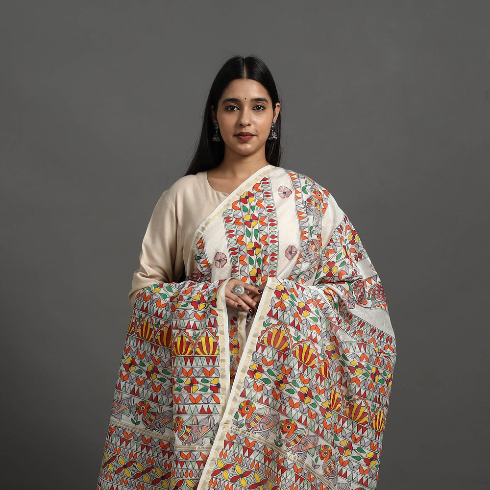 Multicolor - Handloom Chanderi Silk Handpainted Madhubani Dupatta 04