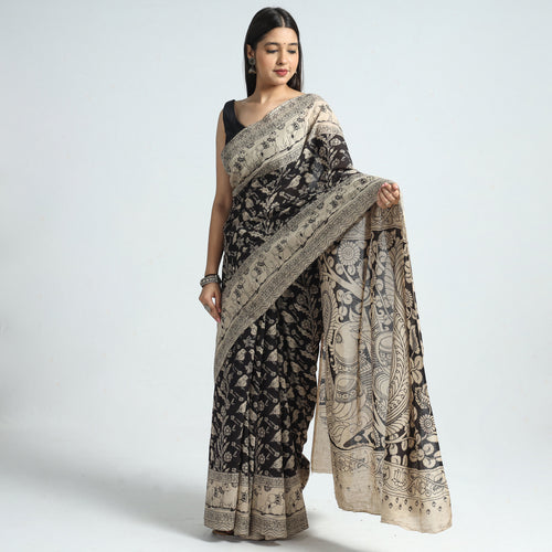 Black - Kalamkari Printed Cotton Saree with Blouse Piece 11