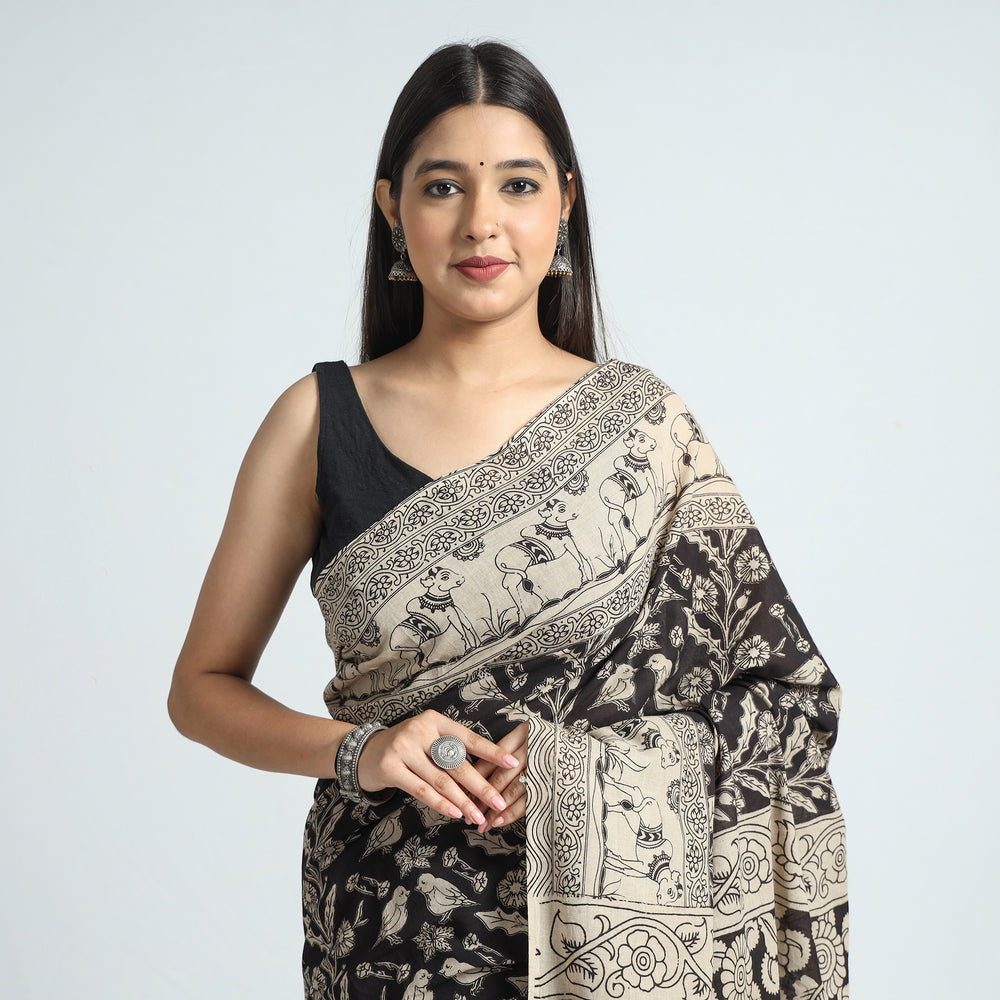 Black - Kalamkari Printed Cotton Saree with Blouse Piece 11