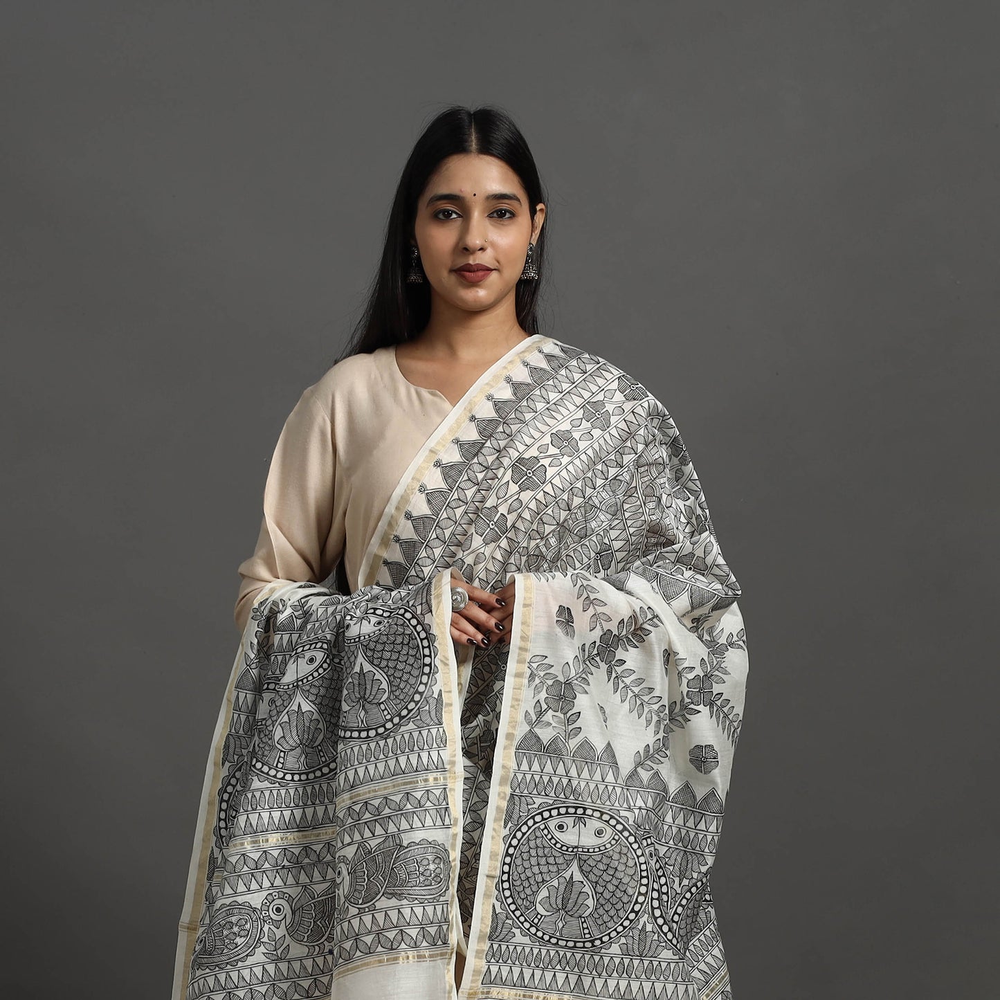 Grey - Handloom Chanderi Silk Handpainted Madhubani Dupatta 05