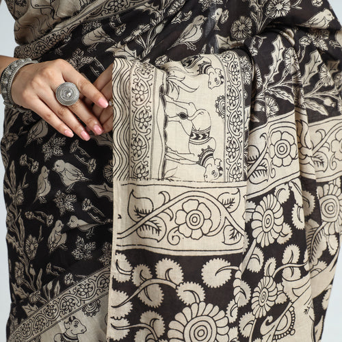 Black - Kalamkari Printed Cotton Saree with Blouse Piece 11