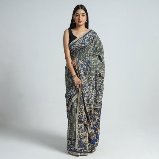 Grey - Kalamkari Printed Cotton Saree with Blouse Piece 12