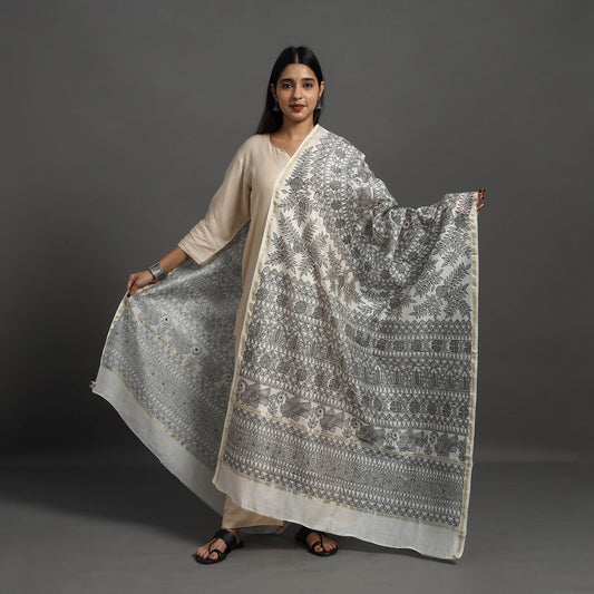 Grey - Handloom Chanderi Silk Handpainted Madhubani Dupatta 07