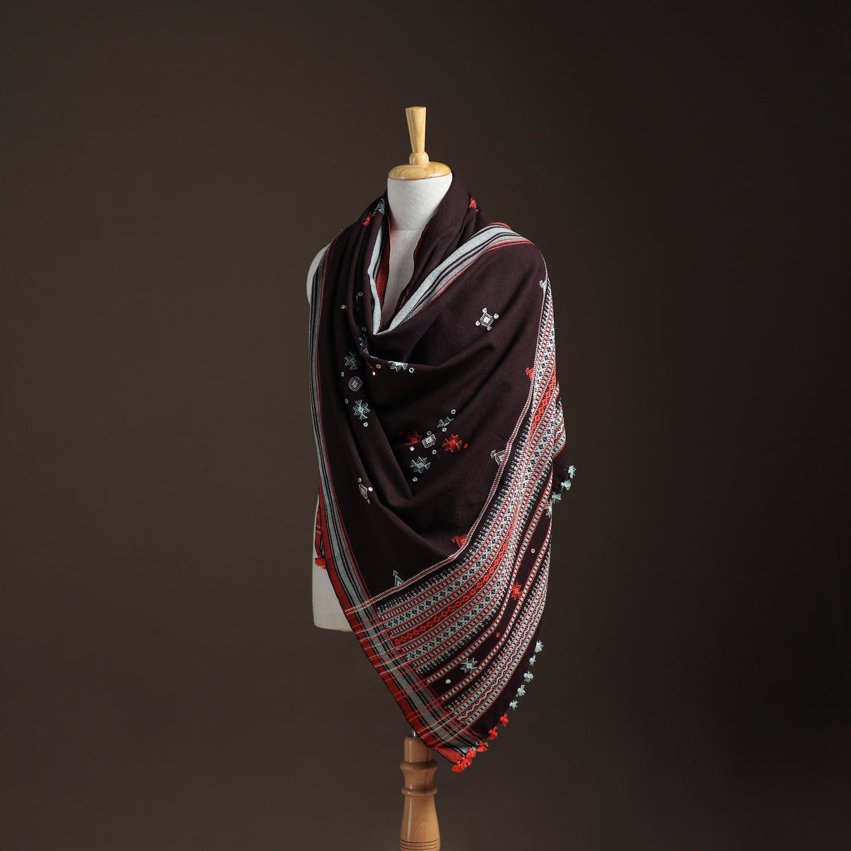 Kutch Handwoven Mirror Work Chomuk Buta Acrylic Wool Shawl 01