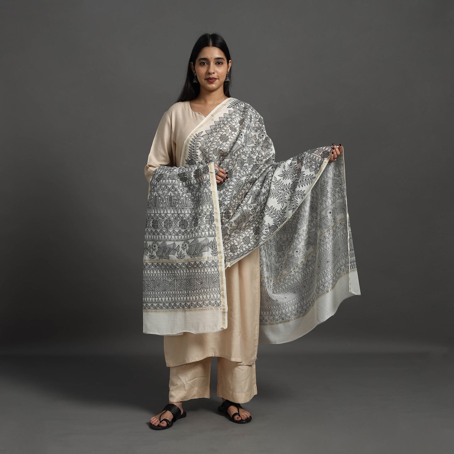 Grey - Handloom Chanderi Silk Handpainted Madhubani Dupatta 07