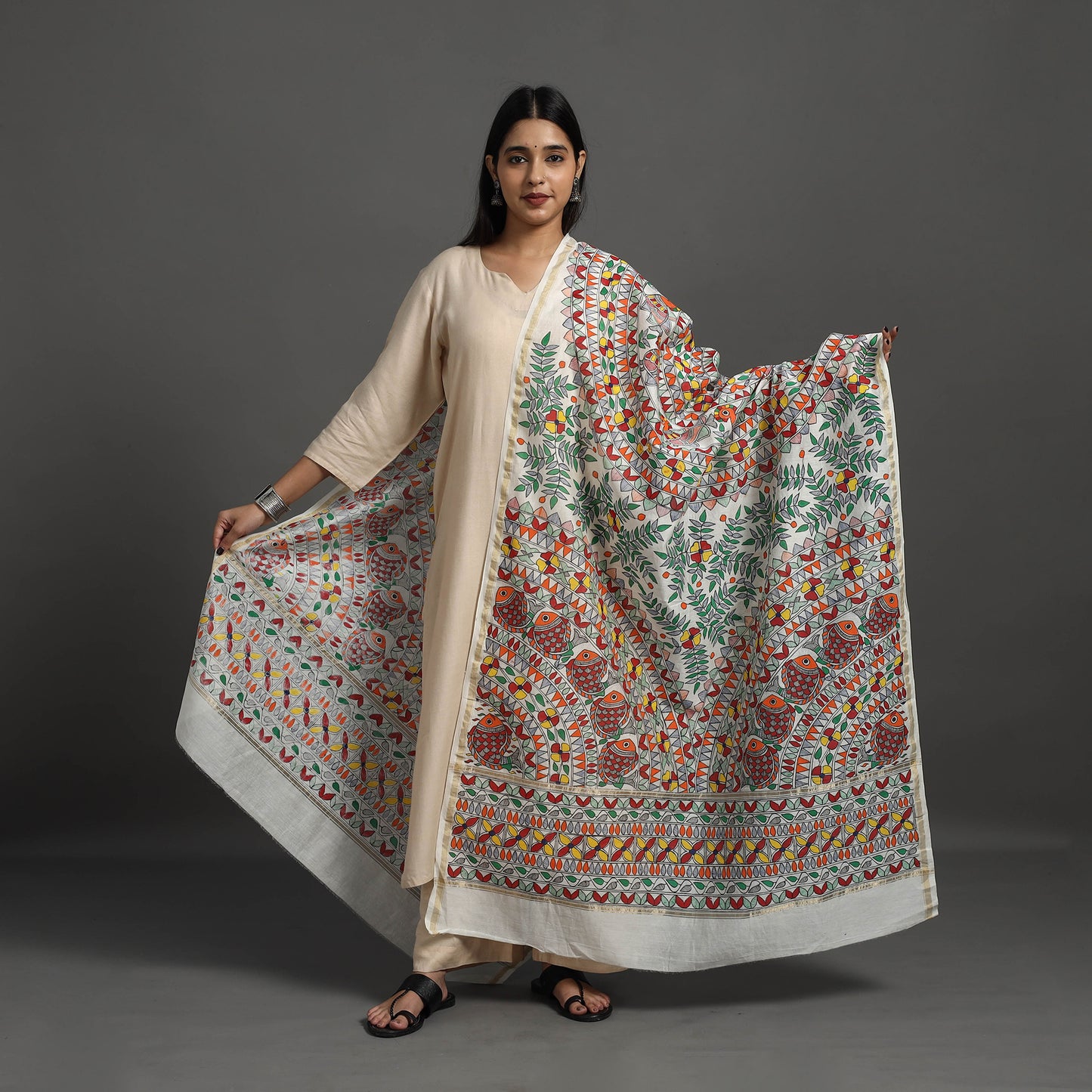 Multicolor - Handloom Chanderi Silk Handpainted Madhubani Dupatta 08