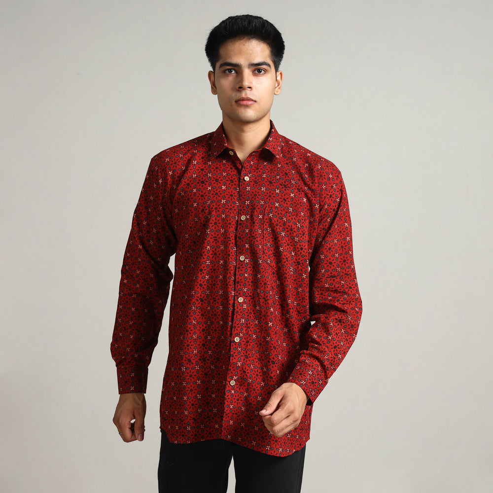 Red - Ajrakh Block Printed Cotton Men Full Sleeve Shirt 11