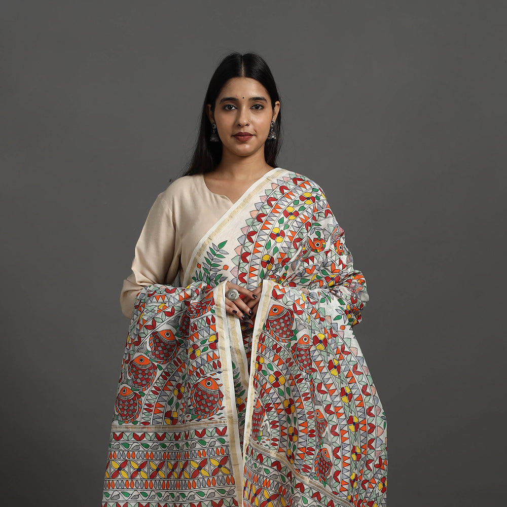 Multicolor - Handloom Chanderi Silk Handpainted Madhubani Dupatta 08