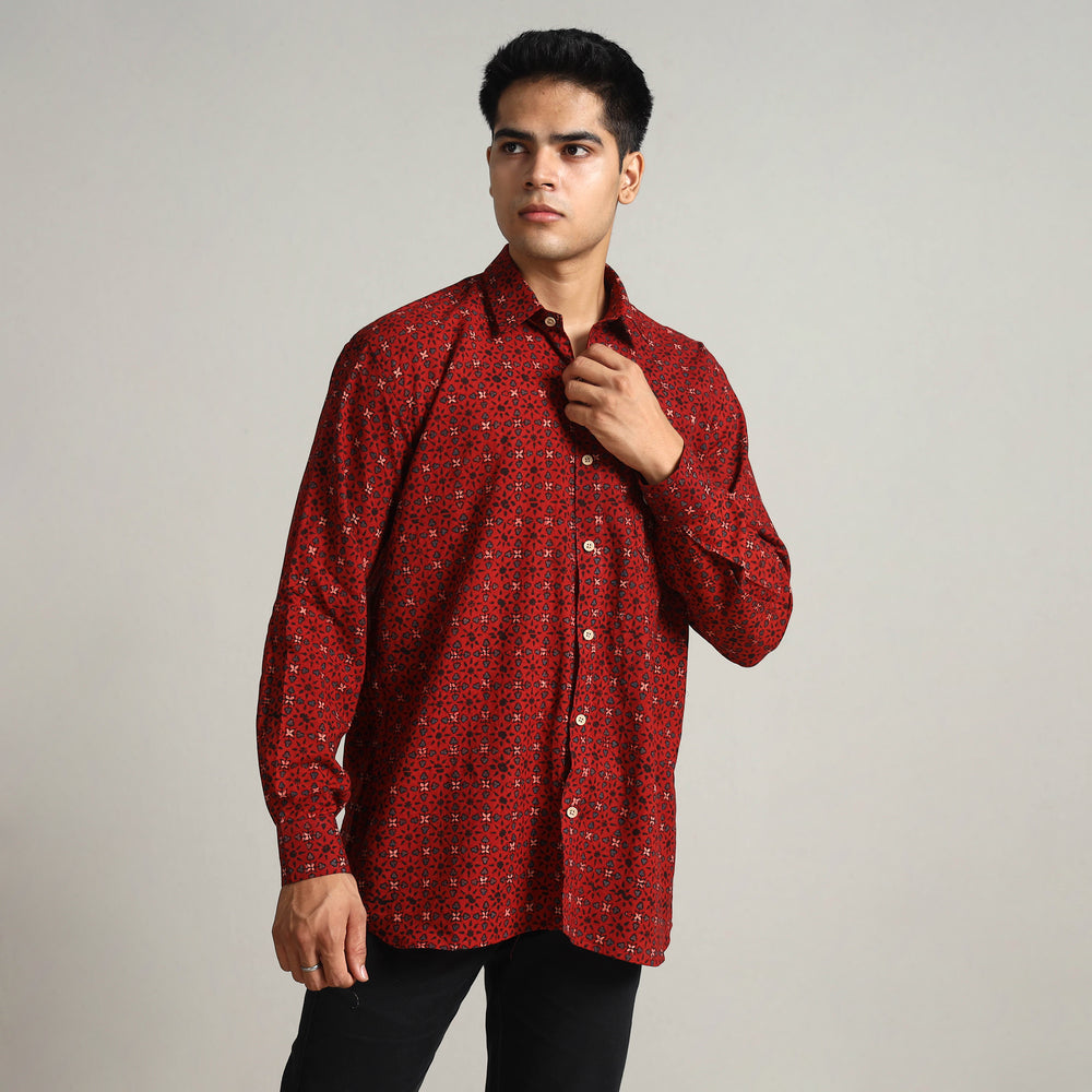 Red - Ajrakh Block Printed Cotton Men Full Sleeve Shirt 11