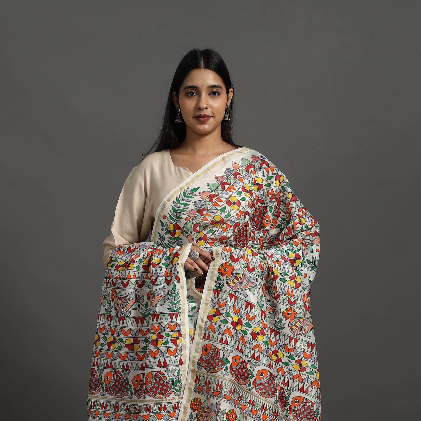 Multicolor - Handloom Chanderi Silk Handpainted Madhubani Dupatta 09