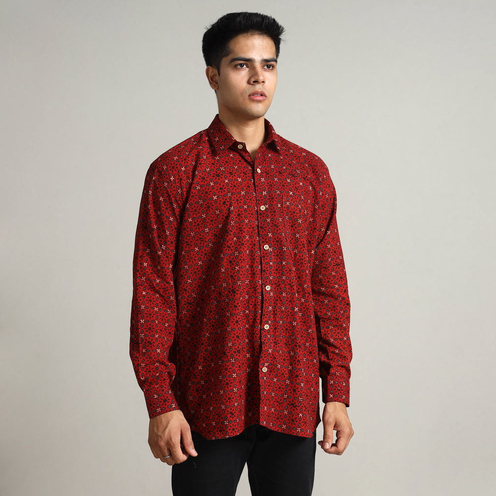 Red - Ajrakh Block Printed Cotton Men Full Sleeve Shirt 11