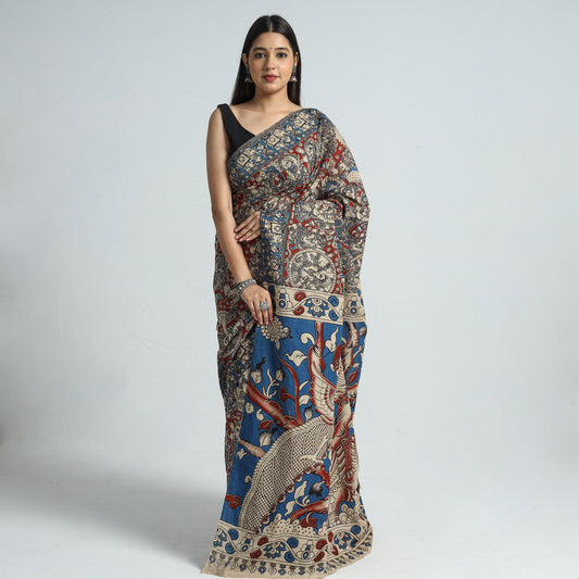 Multicolor - Kalamkari Printed Cotton Saree with Blouse Piece 13