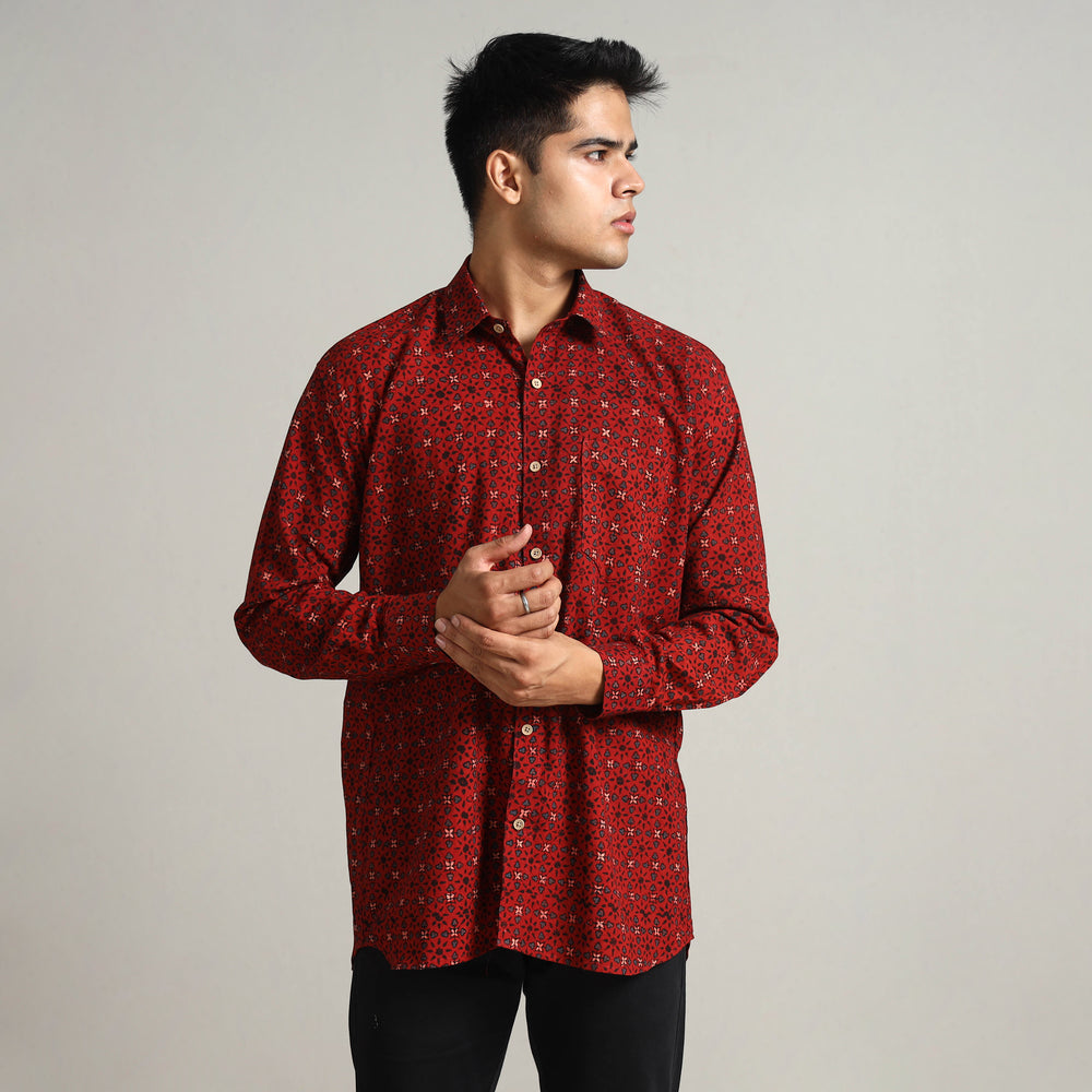 Red - Ajrakh Block Printed Cotton Men Full Sleeve Shirt 11