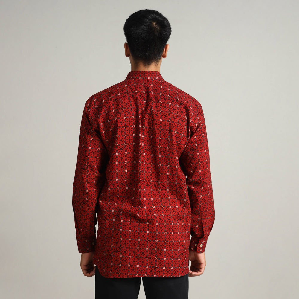 Red - Ajrakh Block Printed Cotton Men Full Sleeve Shirt 11