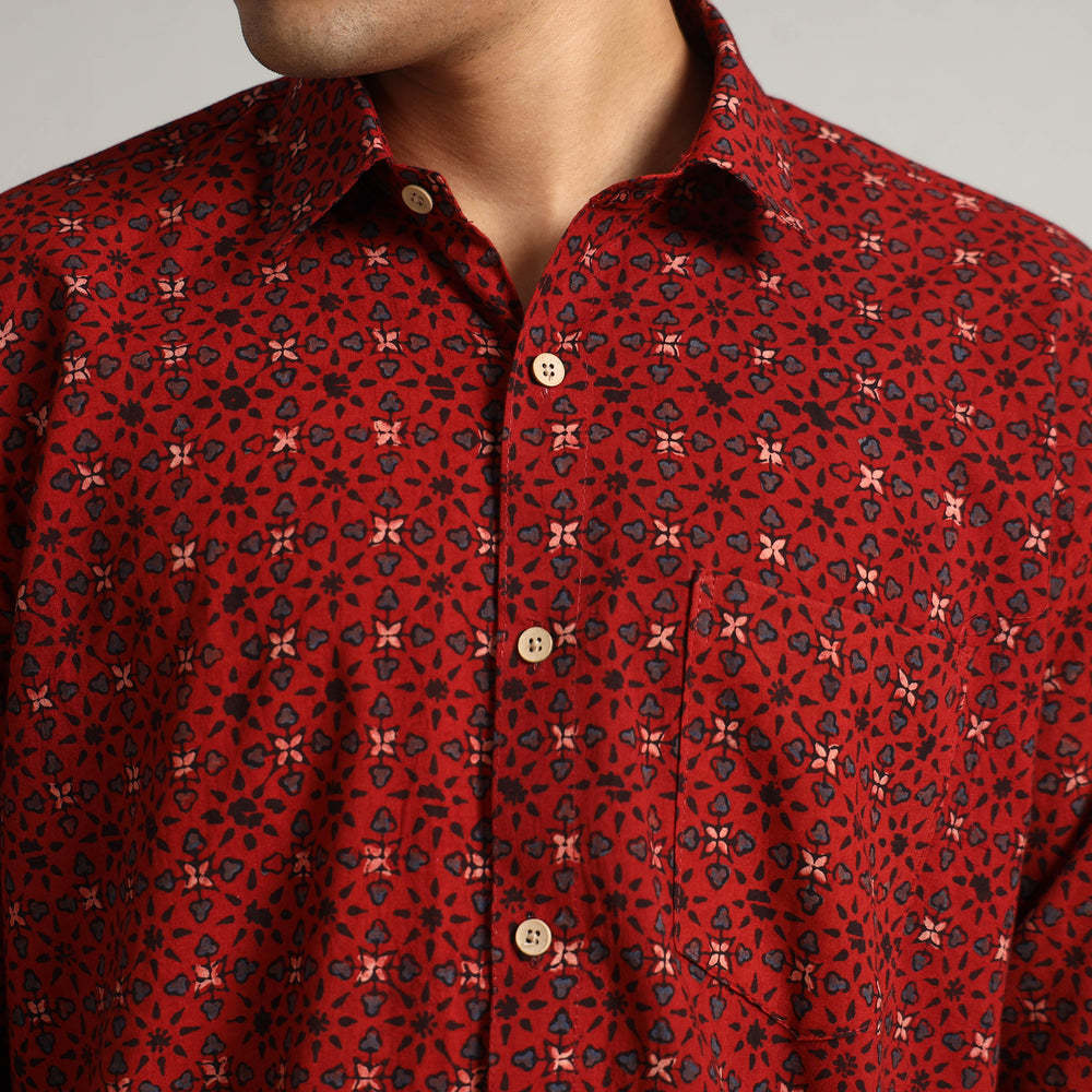 Red - Ajrakh Block Printed Cotton Men Full Sleeve Shirt 11