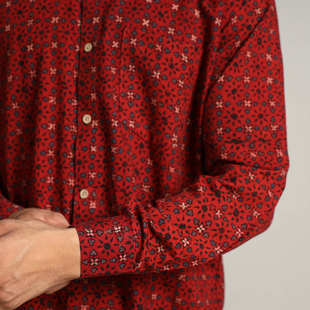 Red - Ajrakh Block Printed Cotton Men Full Sleeve Shirt 11