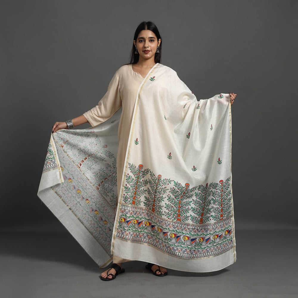 White - Handloom Chanderi Silk Handpainted Madhubani Dupatta 11