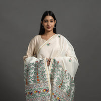 White - Handloom Chanderi Silk Handpainted Madhubani Dupatta 11