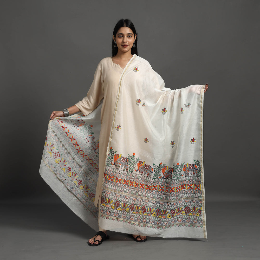 White - Handloom Chanderi Silk Handpainted Madhubani Dupatta 12