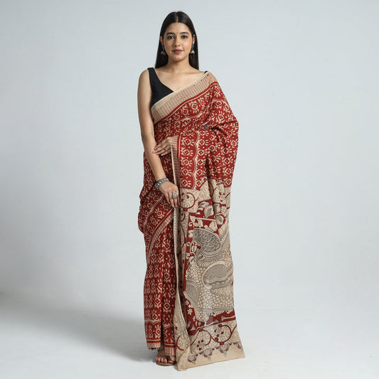 Red - Kalamkari Printed Cotton Saree with Blouse Piece 14