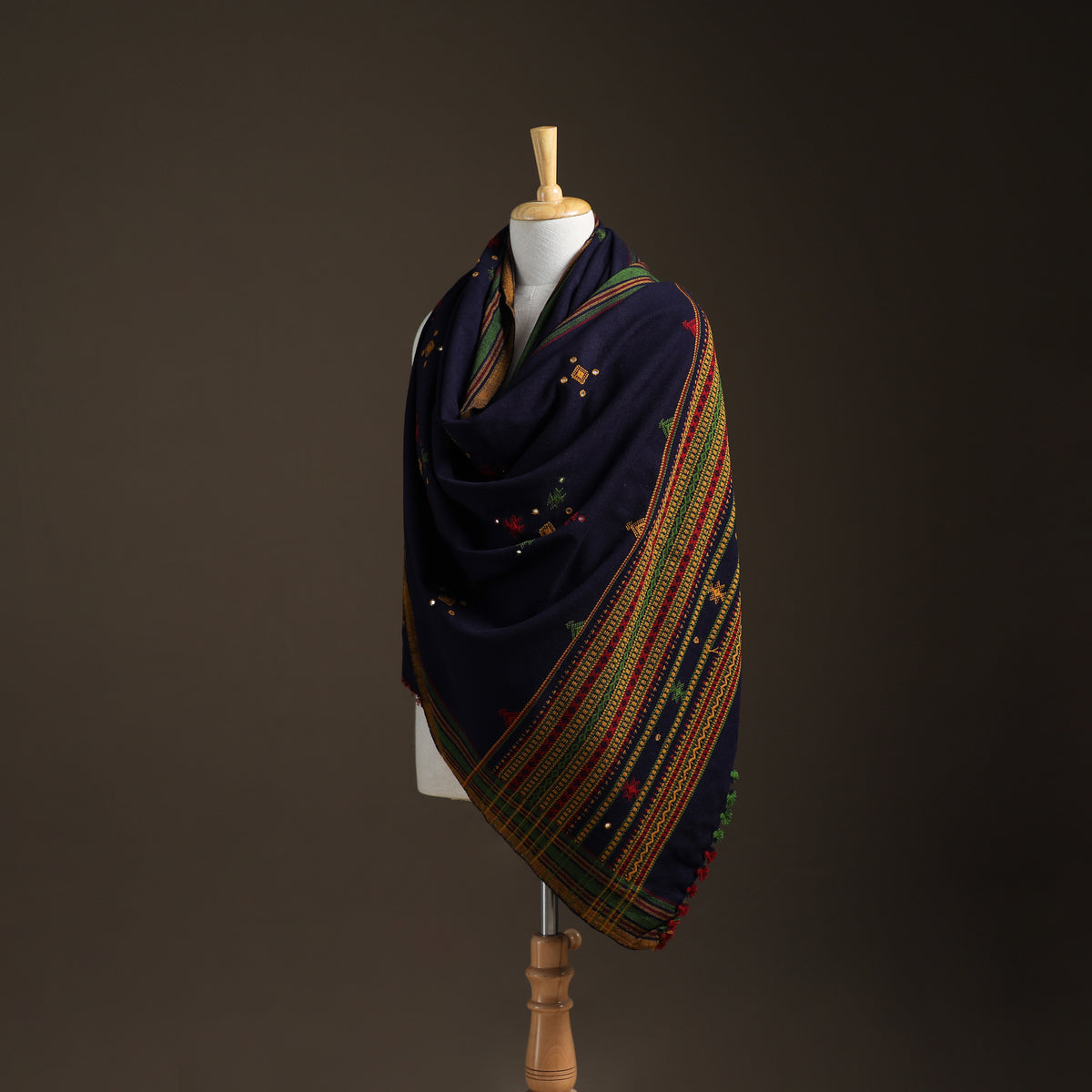 Kutch Handwoven Mirror Work Chomuk Buta Acrylic Wool Shawl 04