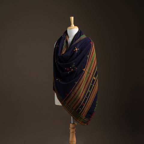 Kutch Handwoven Mirror Work Chomuk Buta Acrylic Wool Shawl 04