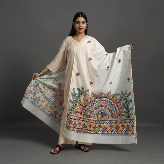 White - Handloom Chanderi Silk Handpainted Madhubani Dupatta 13