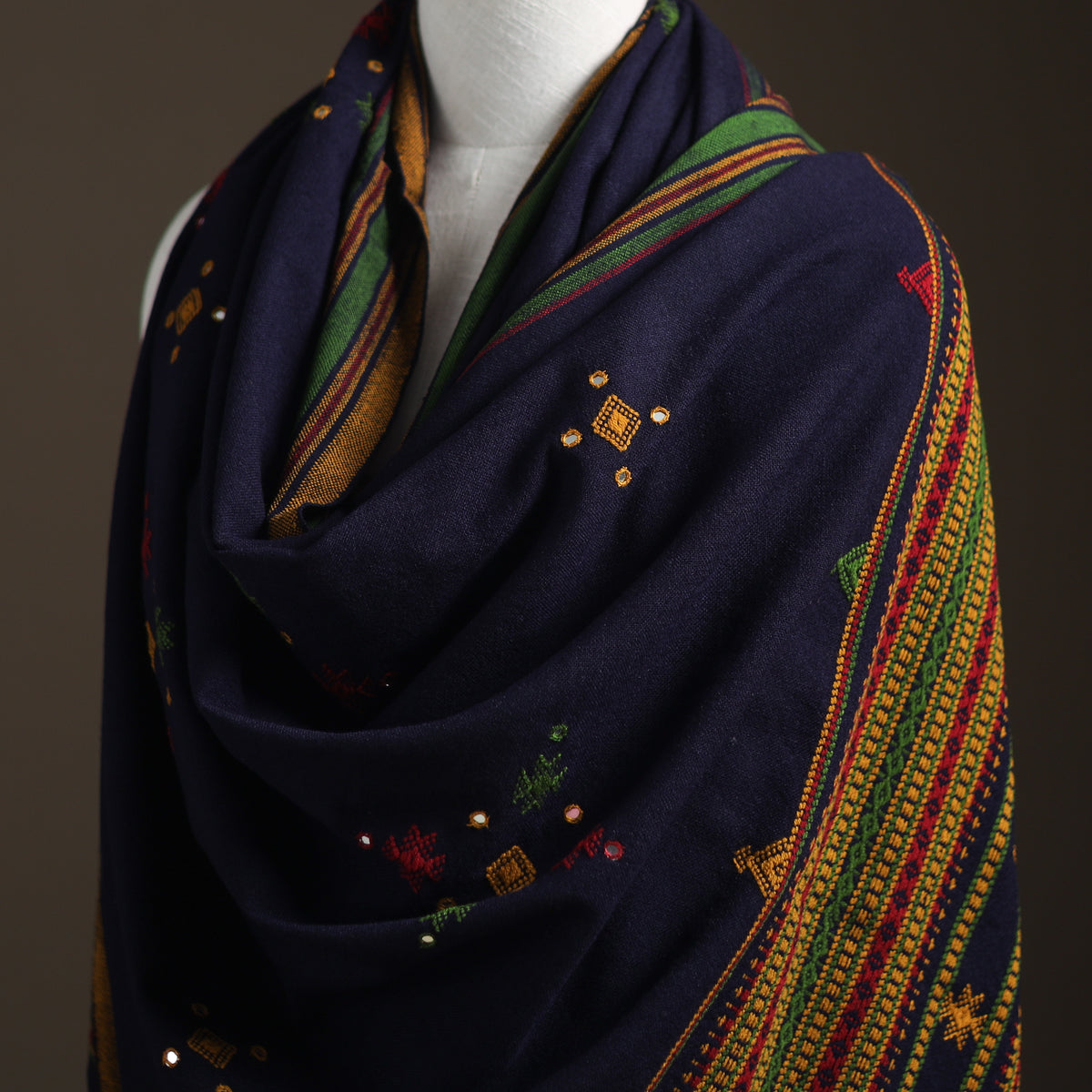 Kutch Handwoven Mirror Work Chomuk Buta Acrylic Wool Shawl 04