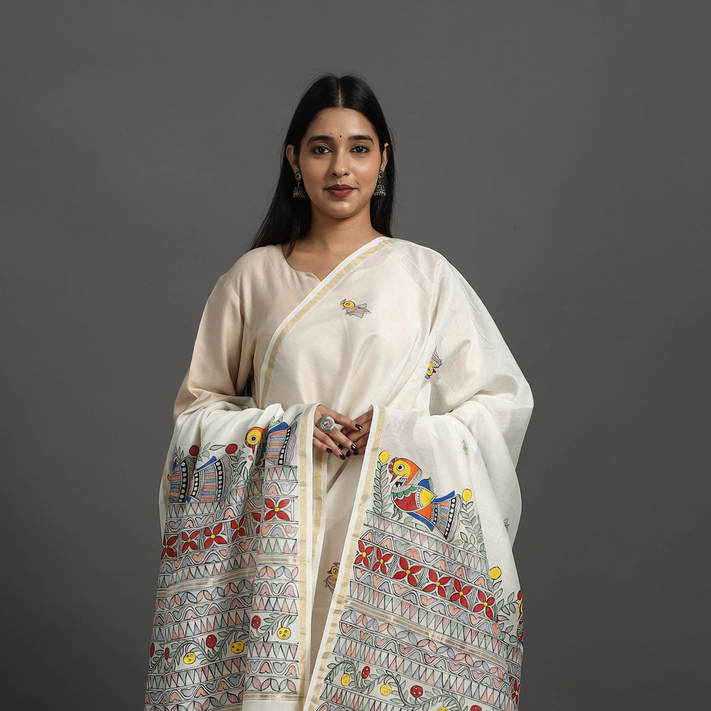 White - Handloom Chanderi Silk Handpainted Madhubani Dupatta 14