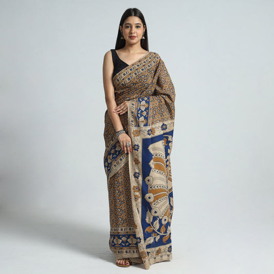Brown - Kalamkari Printed Cotton Saree with Blouse Piece 15