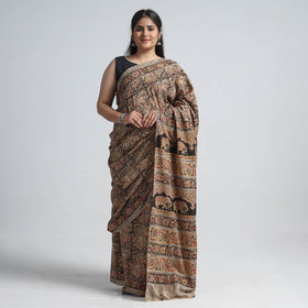 Brown Pedana Block Print Cotton Kalamkari Saree
