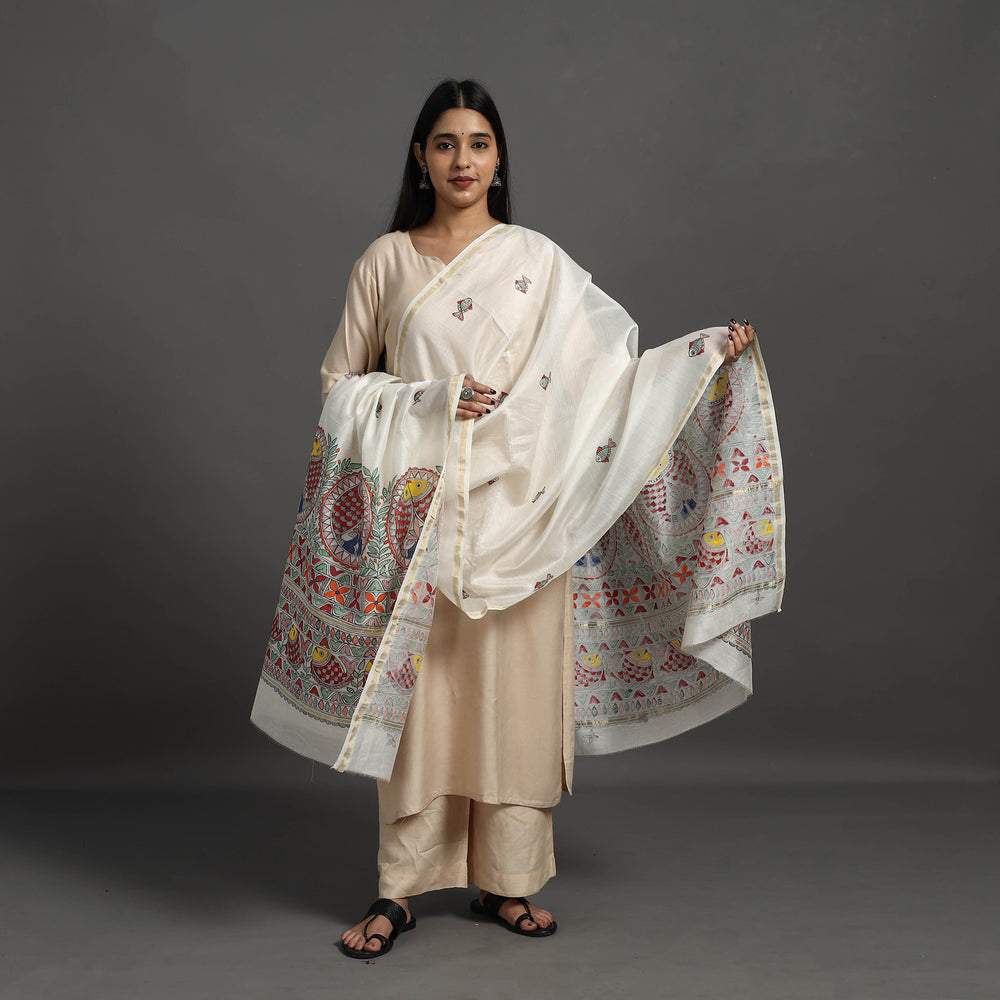 White - Handloom Chanderi Silk Handpainted Madhubani Dupatta 15